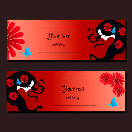 template business cards with the face of a beautiful girl with long black hair and flowers.のイラスト素材