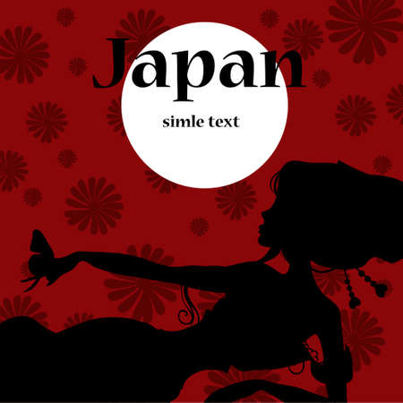 silhouette illustration beautiful girl in red dress. Lies and catching butterflies. The hair colors. Japanese culture.のイラスト素材