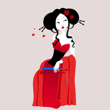 illustration of a beautiful geisha in red dress with fan in hand. very gentle and passionate woman with flowers in her hair. Suitable for business cards and flyers. Japanese menu. on a white backgroundのイラスト素材