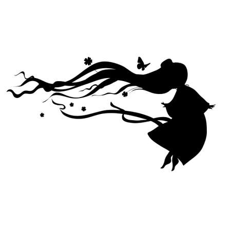 vector illustration silhouette of a little girl with long hair and a beautiful dress with butterflies and flowers.のイラスト素材