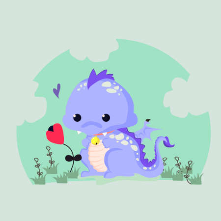 Fun vector illustration of a cute dinosaur with a flower. Suitable for children s cards.のイラスト素材