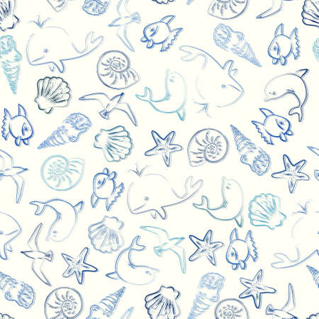Vector seamless pattern with fishes, whales and seashellsのイラスト素材