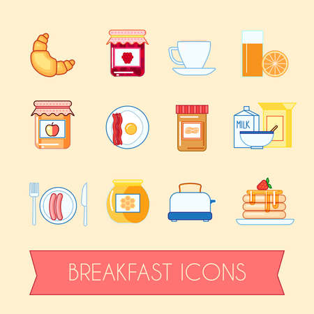 Set of vector breakfast icons, toast, coffe, juice, pancakes, jam and otherのイラスト素材