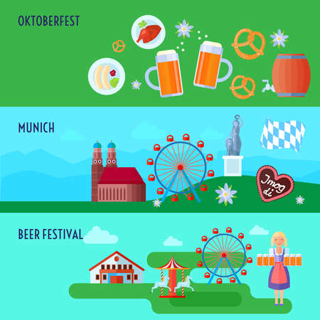 Set of flat horizontal German Oktoberfest beer festival icons banners Munich and Bavaria vector illustrationのイラスト素材