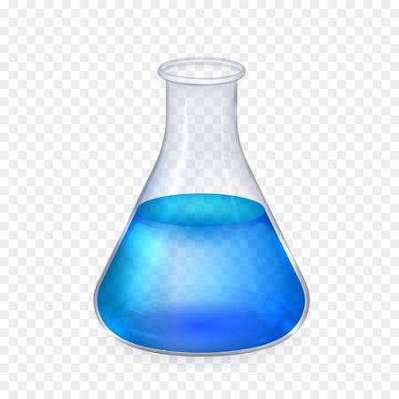 Realistic glass laboratory flask with blue liquid isolatedのイラスト素材