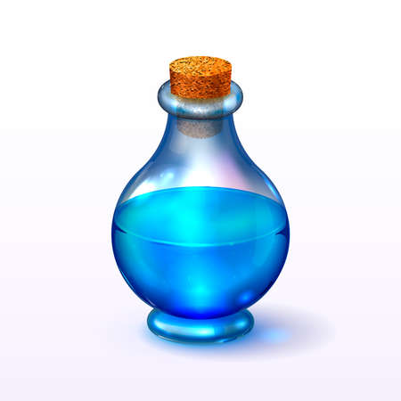 Round glass corked bottle with blue liquid, realistic game icon of magic elixir or mana potionのイラスト素材
