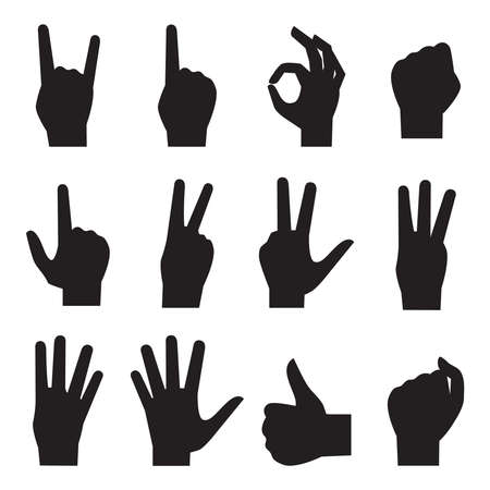 Hands vector black silhouette icons set: finger counting, fist, devil horns, okay gesture, victory signのイラスト素材