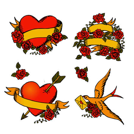 Set of hand drawn vector elements classic tattoo styleのイラスト素材
