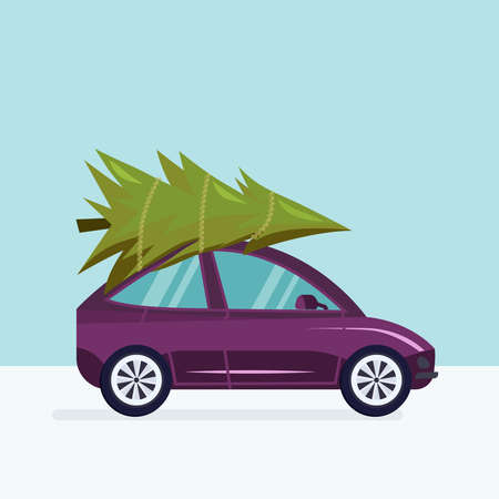 Vector illustration of a car delivering a Christmas tree in a snowy winter  landscapeのイラスト素材