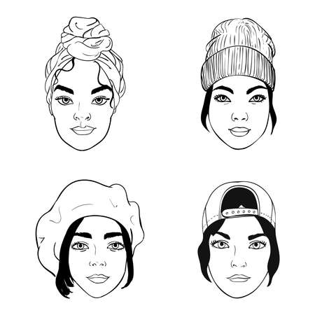 black and white portraits of girls with different headpieces, fashion vector illustration: turban, baseball cap, barrette, beanieのイラスト素材