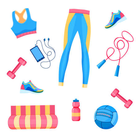 illustration of female fitness equipment flat lay: dumbbells, med ball, leggings,  bra, rope, smartphone

with headphones, sneakers, mat, sportswearのイラスト素材