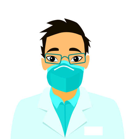 Vector illustration Doctor wearing breathing mask to protect from 2019-nCoV talks about Chinese corona virus ncov. China pathogen respiratory coronavirus SARS pandemic risk alert Design for web, printのイラスト素材