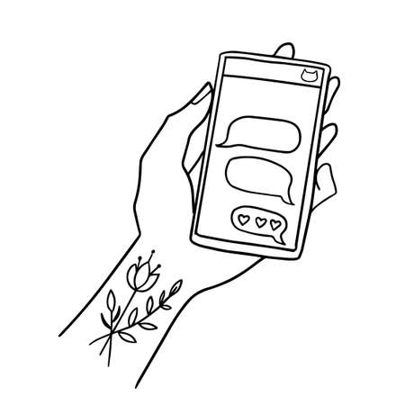 Female flower inked hand line art illustration holding a smartphone with an open chatting app. Mobile connection, communication conceptのイラスト素材
