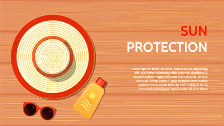 Summer accessories on a wooden table.のイラスト素材