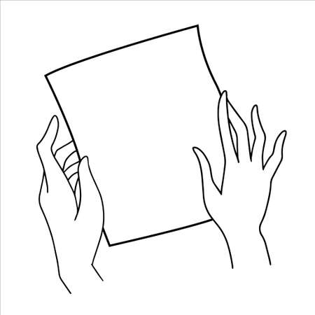 Black and white hand drawn sketch of the female hands holding a piece of paper vector illustrationのイラスト素材