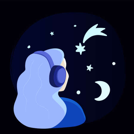 Girl listening to music in headphones, with mind full of stars. Cosmic meditative lo-fi music concept. Vector illustration modern flat style. night sky backgrundのイラスト素材