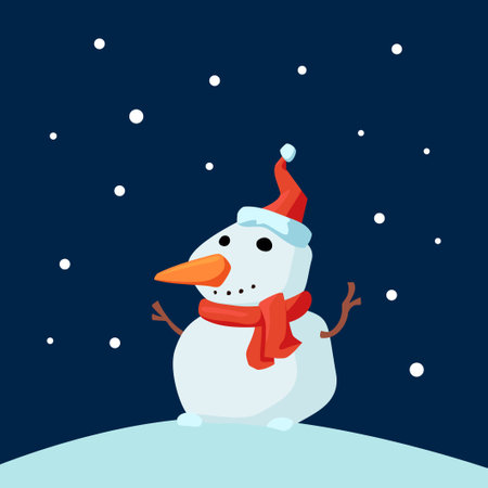 Christmas Cute Little Cheerful Snowman with Red Scarf and Santa Cap in snow. Christmas cartoon character.のイラスト素材
