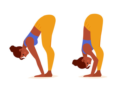 Young woman practicing Yoga. Standing Half Forward Fold Pose Steps. Woman workout fitness, aerobic and exercises. Vector cartoon Illustration.のイラスト素材