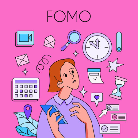 FOMO, fear of missing out concept. Woman with phone surrounded by social media icons. Trendy style. Vector illustration.のイラスト素材