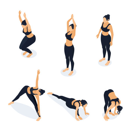 Isometric woman in yoga positions isolated on white. Vector illustration of female athlete stretching, training in gym. Chair pose, triangle pose, fold, standing, mountain poseのイラスト素材