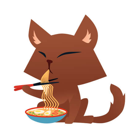 Cartoon cat character eating ramen noodle with chopsticksのイラスト素材