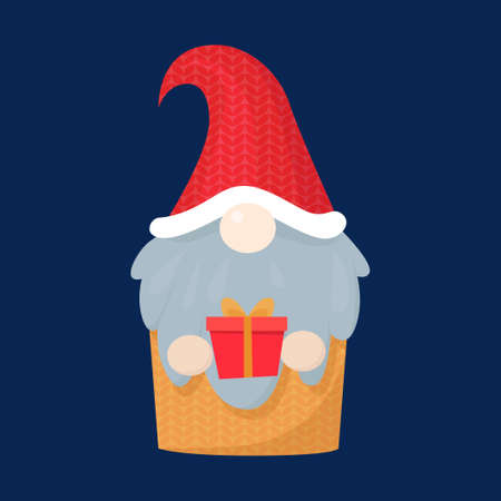 Christmas gnome Nisse or Tomte dwarf or elf. Cute Nordic Christmas fairy tale character. Flat cartoon vector illustration.のイラスト素材