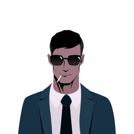 Secret agent, spy, security guard, policeman wearing sunglasses and businesssuit. Portrait of dark haired man smoking a cigarette, front view.のイラスト素材