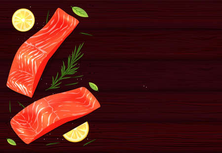 top view flat lay with red fish with lemon and rosemary. Vector illustration on dark wooden table background.のイラスト素材