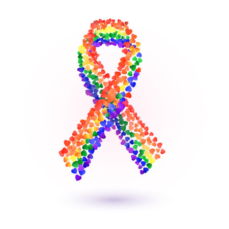 Rainbow Pride flag ribbon with heart elements. LGBT community and movement of sexual minorities. LGBT Pride Month concept.のイラスト素材