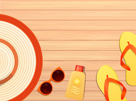 Summer holiday concept, hat, sunglasses, sun protection, flip-flops on wooden background top viewのイラスト素材