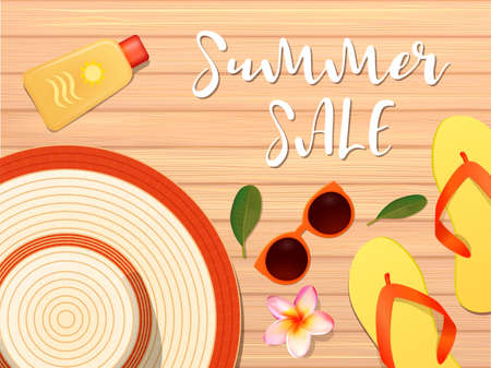 summer accessories, straw hat, compass, shells, fishes on the wooden background. Travel, summer sales conceptのイラスト素材