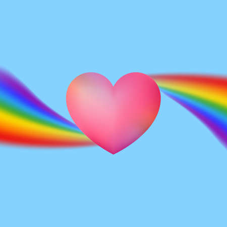 realistic pink heart with rainbow on blue sky backgroundのイラスト素材