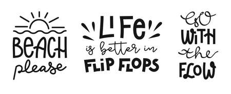 Set of hand drawn lettering compositions about beach and summer. Funny vector season slogans. Isolated calligraphy quotes for travel agency, beach party.のイラスト素材