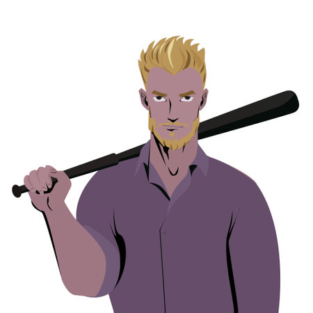 Beardman holding a baseball bat. Isolated white background. Hooligan with baseball bat ready for fight. Violence and aggression concept, man hand holding baseball sport bat.のイラスト素材