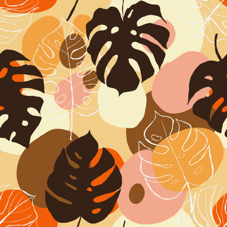 Hand Drawn Abstract Tropical Monstera Exotic Leaves and abstarct spots Repeating Vector Pattern. Seamless Backgroundのイラスト素材
