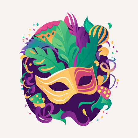 Mardi gras. Mask with feathers, festival bright colours. Icon, clipart for website, holiday, travel, festival application. Mardi gras party invitation. Vector flat illustration, cartoon style.のイラスト素材