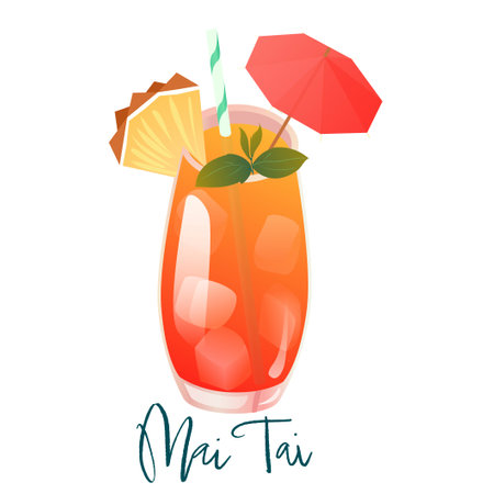 mai tai cocktail with pineapple slice, straw, umbrella and mint. A glass of alcoholic drink isolated on white background. Vector illustration.のイラスト素材