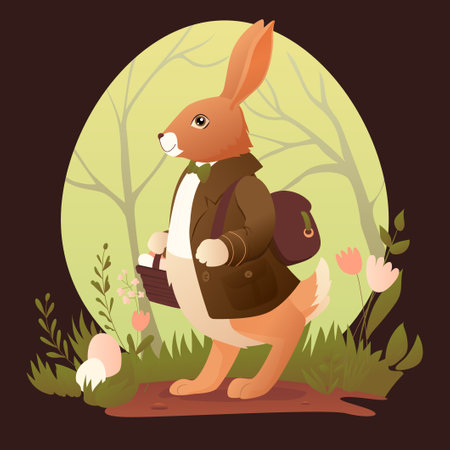 Easter rabbit holding a basket in hand with flowerrs and leaves. Vector illustrationのイラスト素材