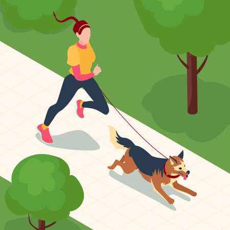 Isometric jogging in the park of young female runner with a dog, morning running, healthy lifestyleのイラスト素材