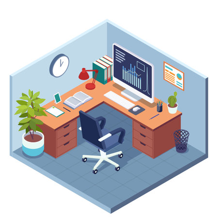Vector isometric low poly office room with cubicle workplace, desk, computer chairのイラスト素材