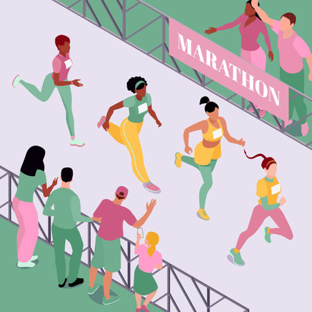 Isometric marathon race, people jogging, running in park. Female running characters vector illustration. Adult people sprint. Runners participating in competitionのイラスト素材