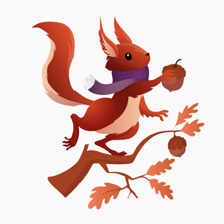 Vector illustration of a playful squirrel on a tree branch while holding an acorn in its paws for children s illustrations, nature-themed designs, educational materials, and seasonal projects.のイラスト素材