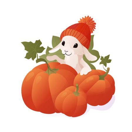 Vector illustration of a shy rabbit wearing a knitted hat, peeking out from behind a pile of bright orange pumpkins. Perfect for children s illustrations, fall-themed designs, greeting cards, and seasonal projectsのイラスト素材