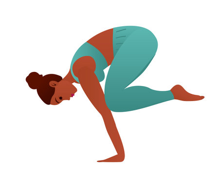 Crow Pose. Beautiful girl practice Kakasana. Vector illustration of a young attractive woman practicing yoga exercise. working out, black wearing sportswear, grey pants and top, indoor full length, calmness and relax.のイラスト素材