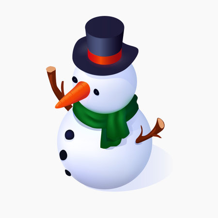 Isometric Vector Icon of Snowman with Green Scarf and Cylinder Hatのイラスト素材