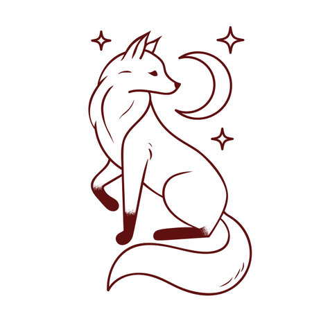 Vector Line Art Illustration of a Fox with Half Moon and Stars, Minimalistic, Modern Decorのイラスト素材