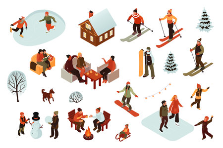 Set of isometric vector illustrations of people engaged in fun winter activities such as sledding, ice skating, building snowmen, and having snowball fights.のイラスト素材