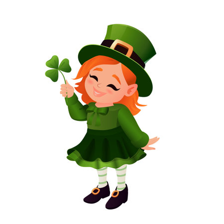 A cheerful vector illustration of a cute red-haired leprechaun girl dressed in traditional green attire, complete with a tall hat, striped stockings, and black shoes with gold buckles. She holds a shamrock in her hand and smiles joyfully, embodying the festive spirit of St. Patricks Dayのイラスト素材