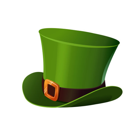 A cartoon semi realistic vector illustration of a green leprechaun hat, perfect for St. Patricks Day celebrations. The hat features a stylish curved brim, a black band with a shiny golden buckle, and vibrant green tones. A balanced blend of cartoon charm and realistic details, ideal for festive decorのイラスト素材
