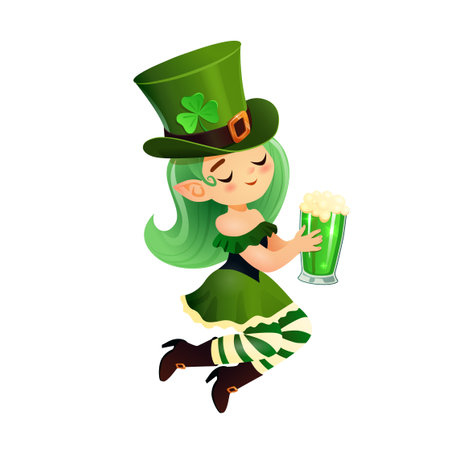 A cheerful vector illustration of a whimsical leprechaun girl dressed in festive green attire, holding a frothy glass of green beer. The leprechaun features vibrant green hair, a shamrock-adorned hat, and striped leggings, embodying the joyful spirit of St. Patricks Day. Perfect for holiday-themed designs, greeting cards, invitations, and festive decorations.のイラスト素材